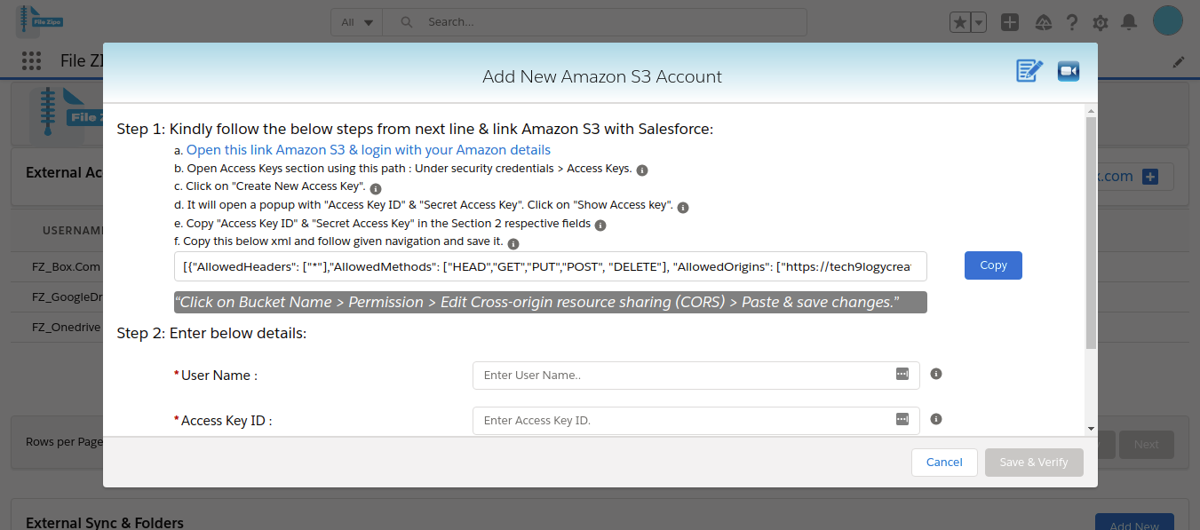 Amazon s3 popup with instructions