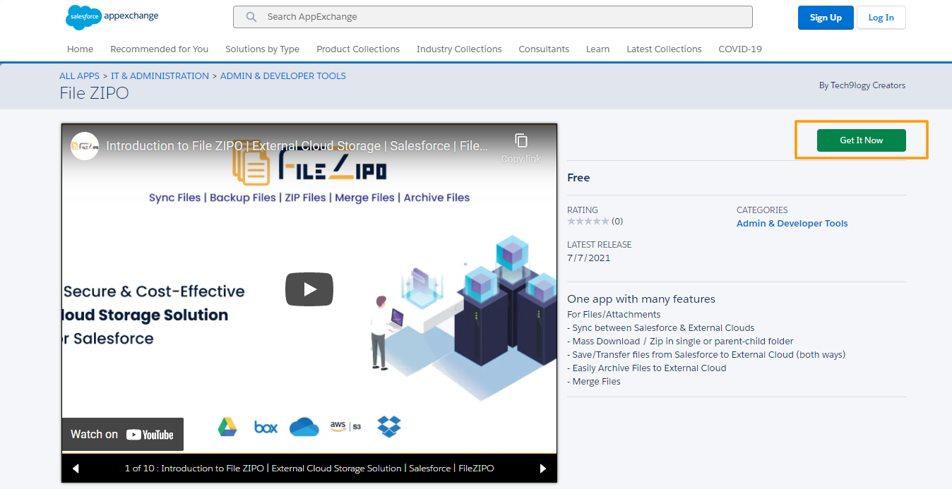 Appexchange page of File ZIPO